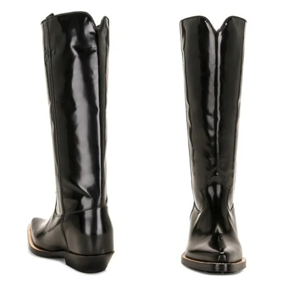 CHLOE Nellie Black Leather Western Knee High Boots Tall Cowboy EU37.5 US7.5 NWOB - Picture 2 of 10
